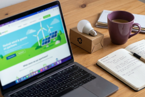 Portátil mostrando una web sobre energías limpias junto a una bombilla LED, una libreta abierta y una taza de café en un escritorio de madera.