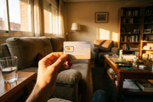 Primer plano de una mano sosteniendo una tarjeta SIM de telefonía sobre el fondo de un salón de casa iluminado por la luz del sol.
