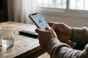 Primer plano de unas manos sujetando un smartphone que muestra barras de señal de cobertura sobre una mesa de madera.