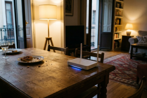 Router Wi-Fi blanco con luz azul y dos antenas sobre una mesa de madera en un salón cálido con platos y copas.