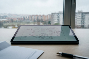 Tablet mostrando el esquema de un plano técnico sobre un escritorio con libreta y bolígrafo frente a una ventana.