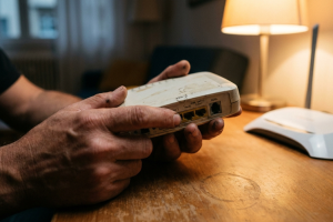 Manos sujetando un router antiguo señalando los puertos ethernet y puerto ADSL sobre una mesa de madera.
