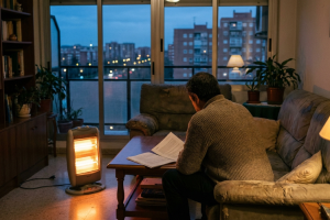 Hombre sentado de espaldas en el sofá leyendo un documento con una estufa eléctrica encendida al lado en un salón de noche.