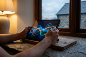 Manos sosteniendo una tablet con un gráfico de datos en ondas de colores sobre un soporte de madera junto a la ventana.