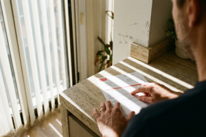 Plano sobre el hombro de un hombre consultando un documento o factura de papel sobre una encimera de piedra con luz natural.