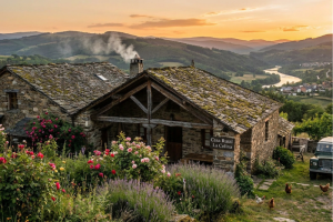 Casa Rural La Colina de piedra tradicional rodeada de vegetación y flores al atardecer en un entorno montañoso.