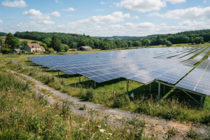 Instalación de parque solar fotovoltaico en un terreno rural rodeado de vegetación y colinas bajo un cielo despejado.