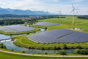 Vista aérea de un parque híbrido de energía renovable con paneles solares, aerogeneradores y un río en un entorno natural.