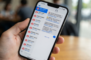 Mano sosteniendo un teléfono móvil inteligente que muestra mensajes de texto de spam y posibles estafas de smishing.
