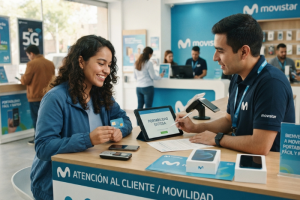 Cliente sonriente gestionando una portabilidad con un asesor en una tienda de Movistar.