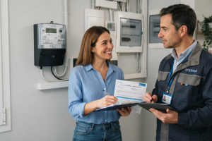 Técnico de Endesa revisando la instalación eléctrica y firmando un contrato junto a una cliente.
