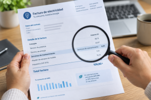 Persona examinando con una lupa el concepto de servicios de mantenimiento en una factura de electricidad