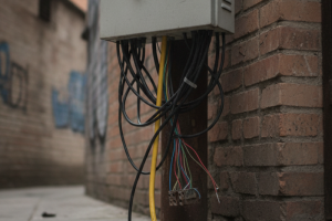 Caja de conexiones de telecomunicaciones o electricidad en la calle con cables sueltos y pelados colgando.