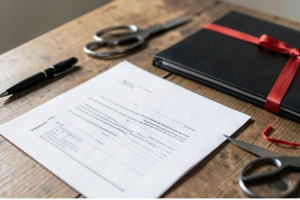 Documento firmado sobre una mesa de madera junto a un bolígrafo, tijeras y una libreta negra con cinta roja.