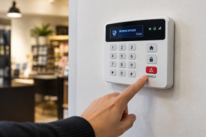 Dedo presionando el botón rojo de pánico en un panel de control de alarma de seguridad con la pantalla 'Sistema armado'.