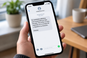 Mano sosteniendo un teléfono móvil con un mensaje SMS fraudulento sobre la suspensión del suministro eléctrico por impago