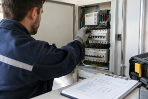 Técnico electricista manipulando el cuadro eléctrico e interruptores automáticos durante una revisión técnica.