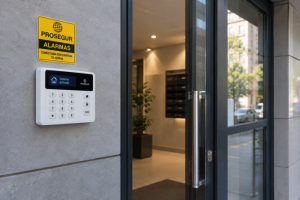 Teclado de alarma Prosegur y cartel disuasorio amarillo junto a la puerta de cristal del portal de un edificio.