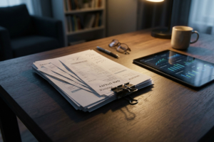 Facturas de gas sobre un escritorio de madera junto a una tableta con gráficos financieros y unas gafas
