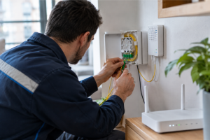 Técnico instalando y conectando cables de fibra óptica en una roseta de pared junto a un router wifi en una vivienda