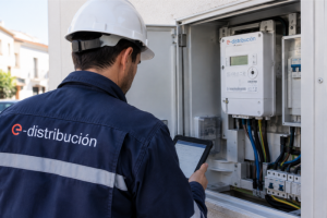 Técnico de e-distribución con casco revisando un contador eléctrico digital en un armario exterior con una tablet.
