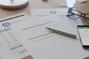Contrato de suministro eléctrico sobre un escritorio con la cláusula de renovación automática resaltada en amarillo, junto a un bolígrafo, gafas y un teléfono móvil.