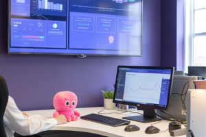 Aquí tienes los metadatos optimizados para SEO y accesibilidad para esta sexta imagen en WordPress: Texto alternativo (Alt Text): Oficina de gestión energética con monitores mostrando paneles de datos, un televisor en pared y un peluche de pulpo rosa en el escritorio.