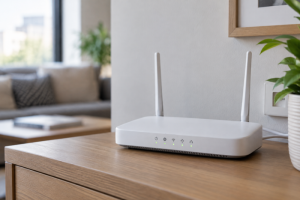 Router wifi blanco con luces LED encendidas colocado sobre un mueble de madera en el salón de un hogar.