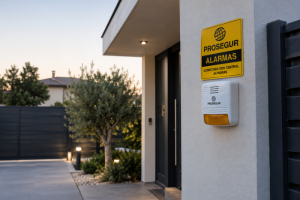 Placa amarilla de Prosegur Alarmas y sirena exterior instaladas en la fachada de una vivienda unifamiliar.