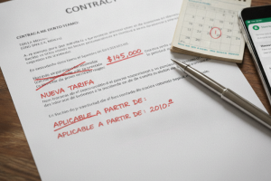 Documento de contrato con correcciones y anotaciones en rojo que indican "NUEVA TARIFA" y fecha de aplicación, junto a un bolígrafo, calendario y teléfono móvil.